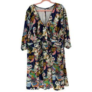 eShakti Custom Women's Size XXL Owl Print Navy/Multi-Colored A-Line Satin Dress